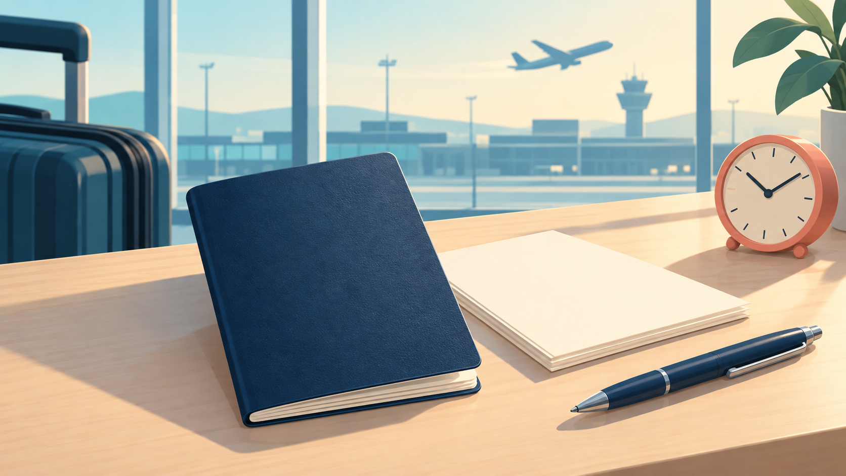 인천공항 긴급여권 준비를 표현한 무지 여행 책자와 서류, 시계 일러스트